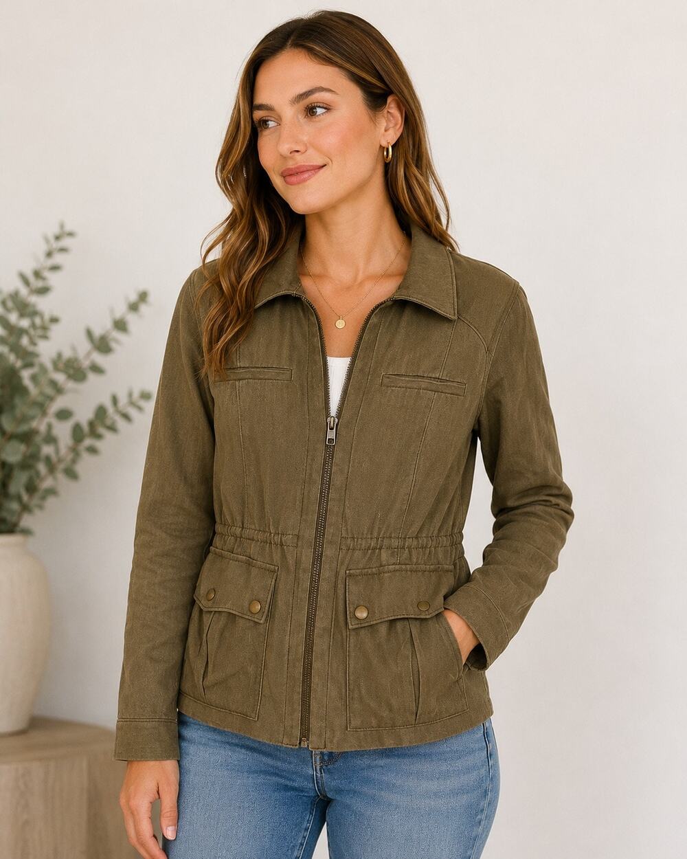 J. Crew Safari Full Zip Olive Army Moss Green Jacket Utility Lined Pockets Sz 6